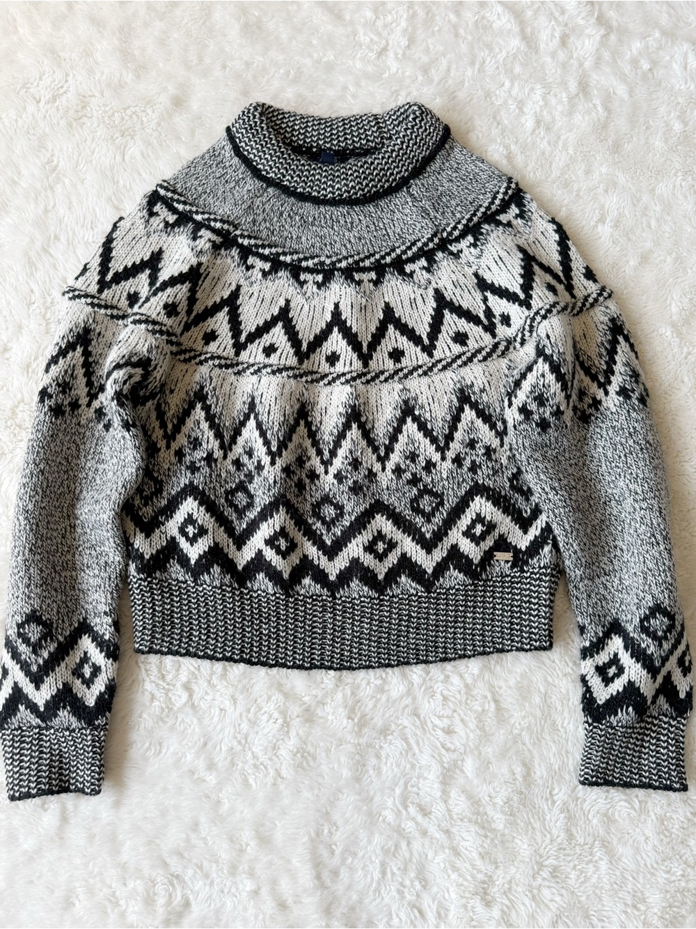 Woman Geometric Chunky Crewneck Fair Isle Fisherman Sweater SMALL Cozy Coastal - Picture 2 of 7